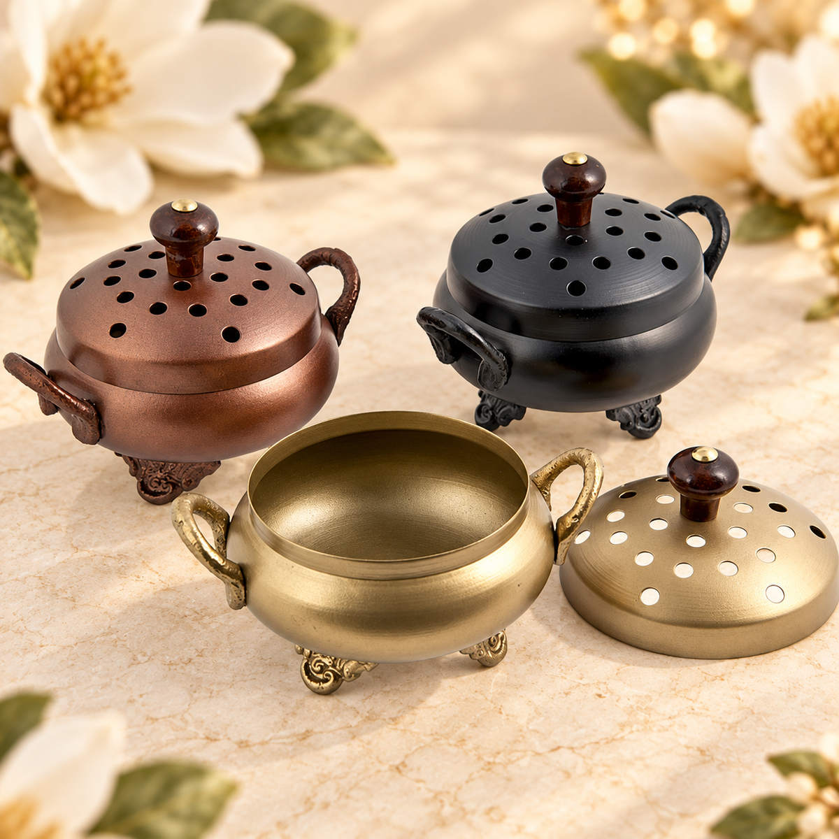Metal Censer Burner Set – 3 Pieces, 5.5 in in a warm Magnolia Grove setting