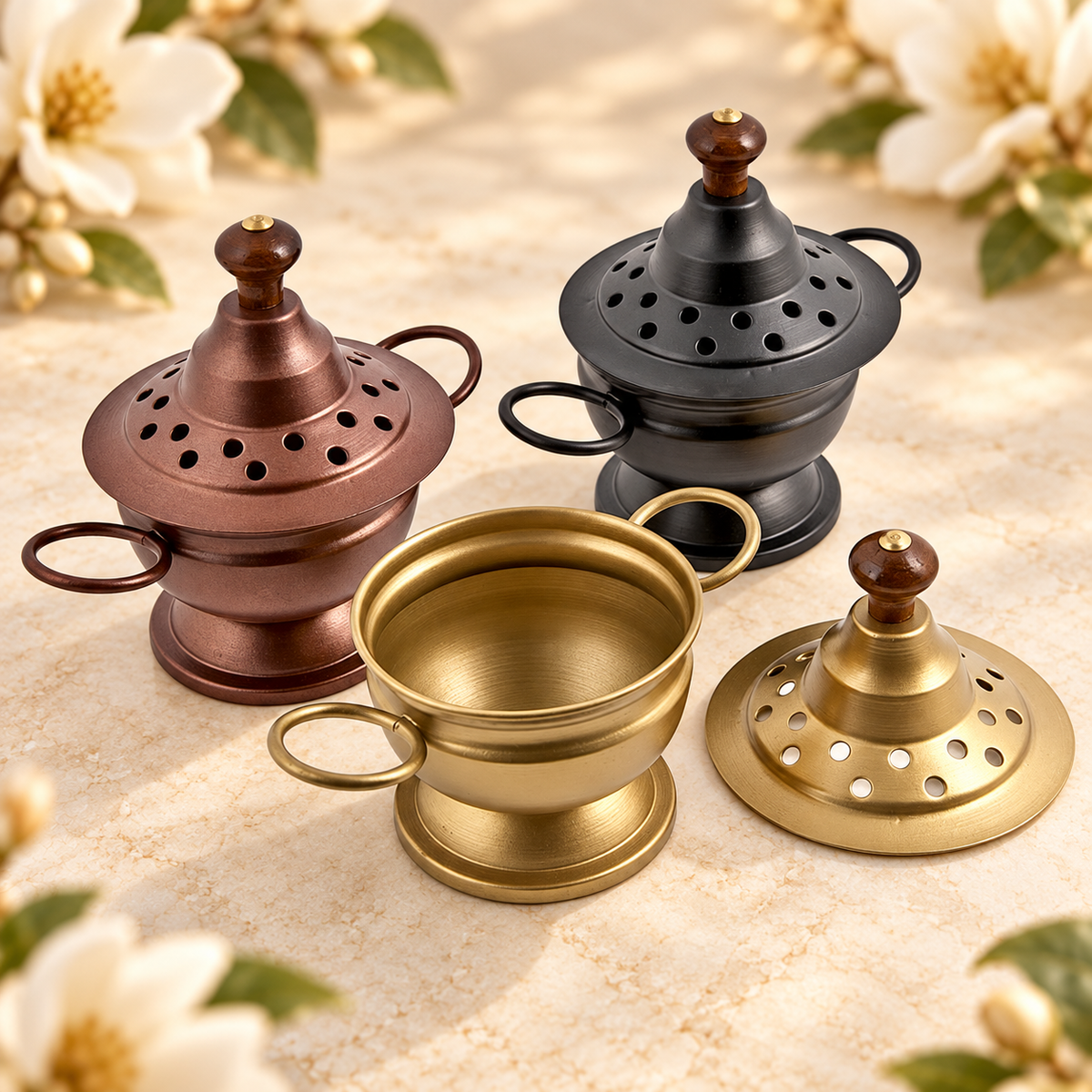 Metal Censer Burner Set – 3 Pieces, 6.5 in in a warm Magnolia Grove setting