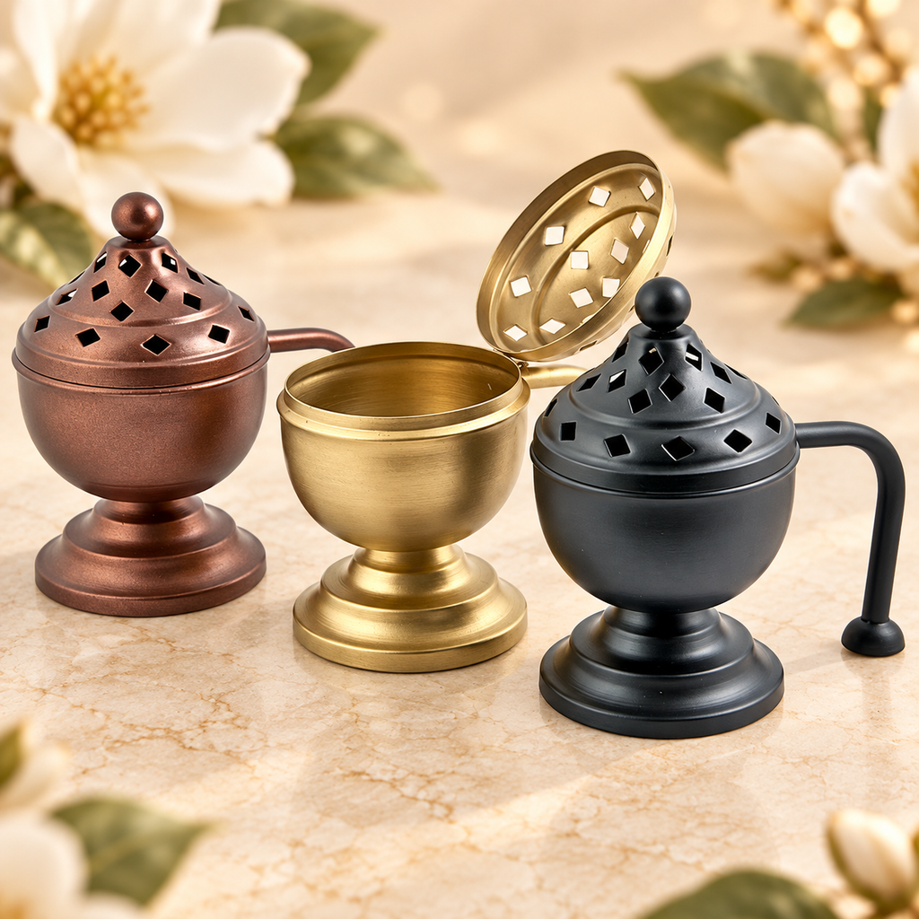 Handled Metal Censer Burner Set – 3 Pieces in a warm Magnolia Grove setting