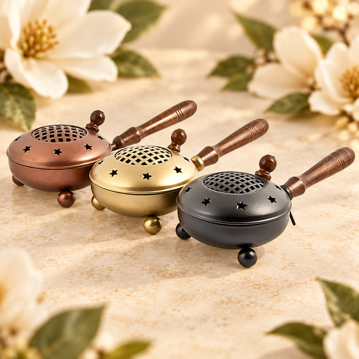 Metal Censer Set with Wooden Handles – 3 Pieces in a warm Magnolia Grove setting