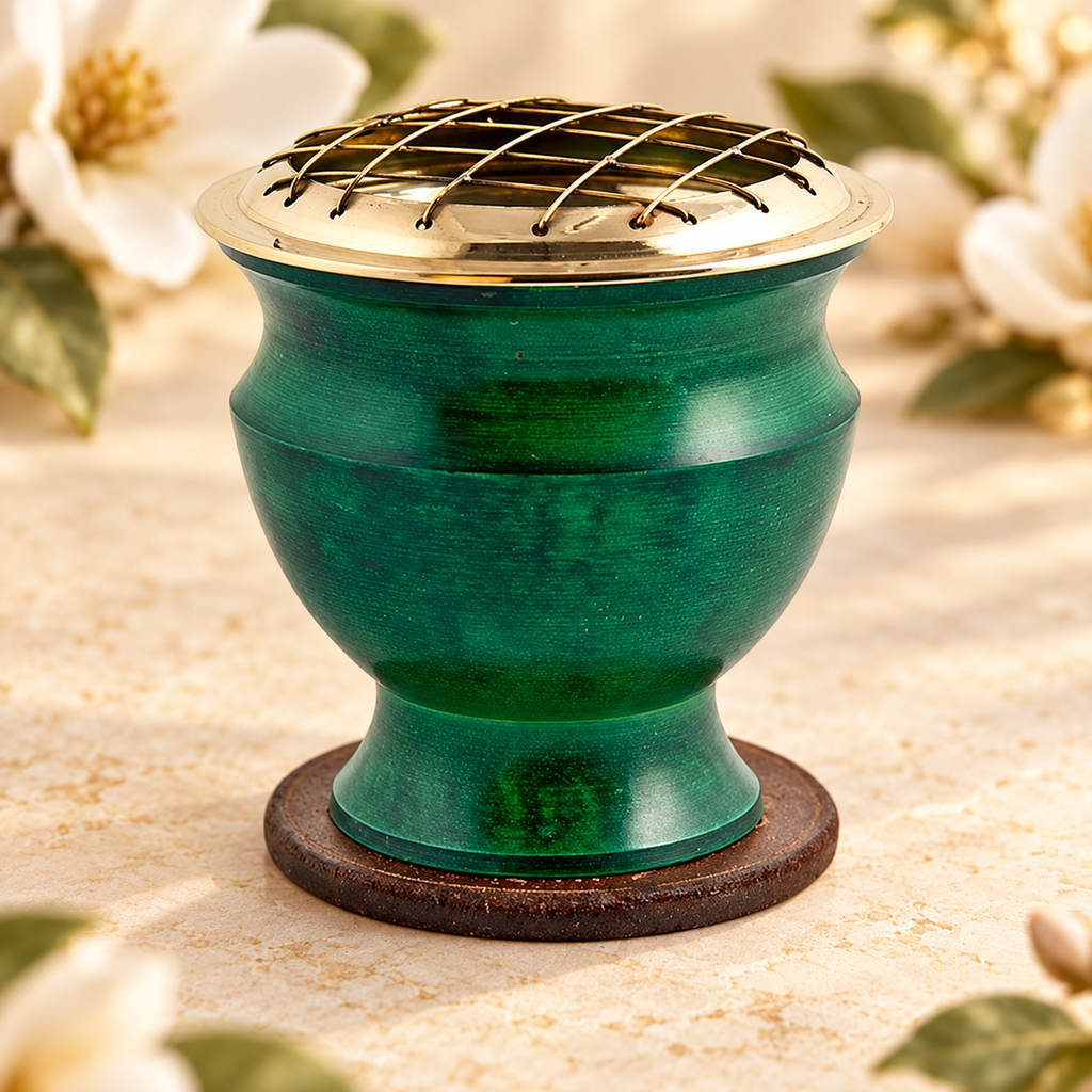 Green Brass Screen Charcoal Burner – 4 in in a warm Magnolia Grove setting