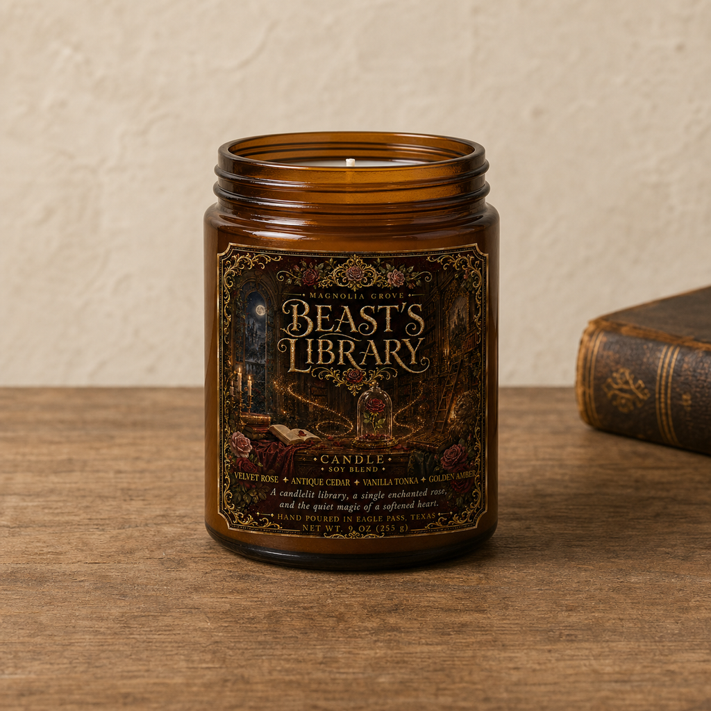 Beast's Library 9 oz storybook candle from Magnolia Grove Gifts