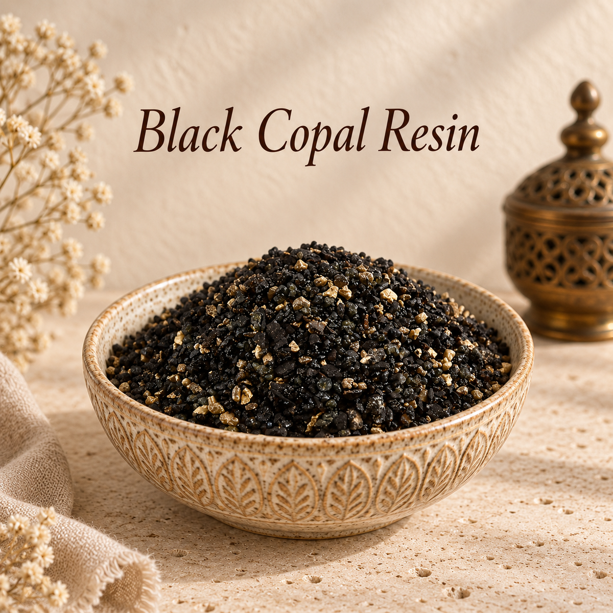 Black Copal Resin natural resin incense in an elegant ceramic bowl