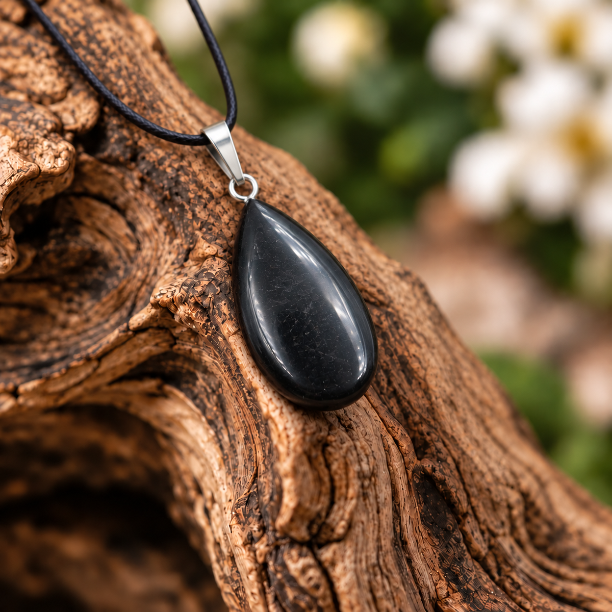 Black Obsidian drop pendant — closeup