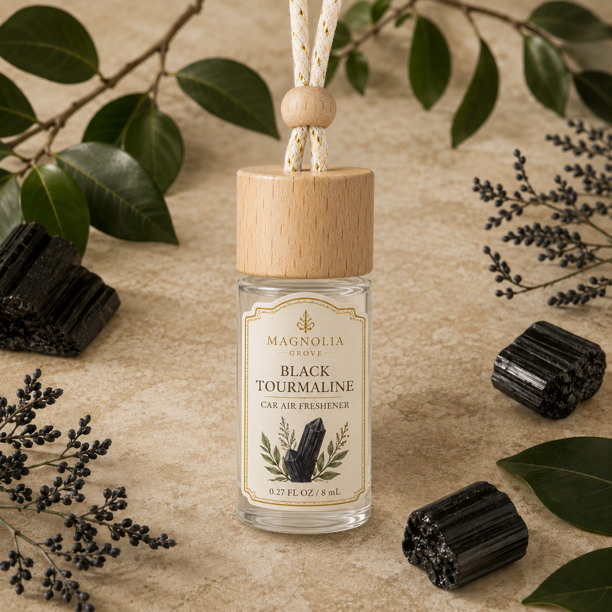 Black Tourmaline Car Air Freshener — 8 mL glass bottle with wood cap
