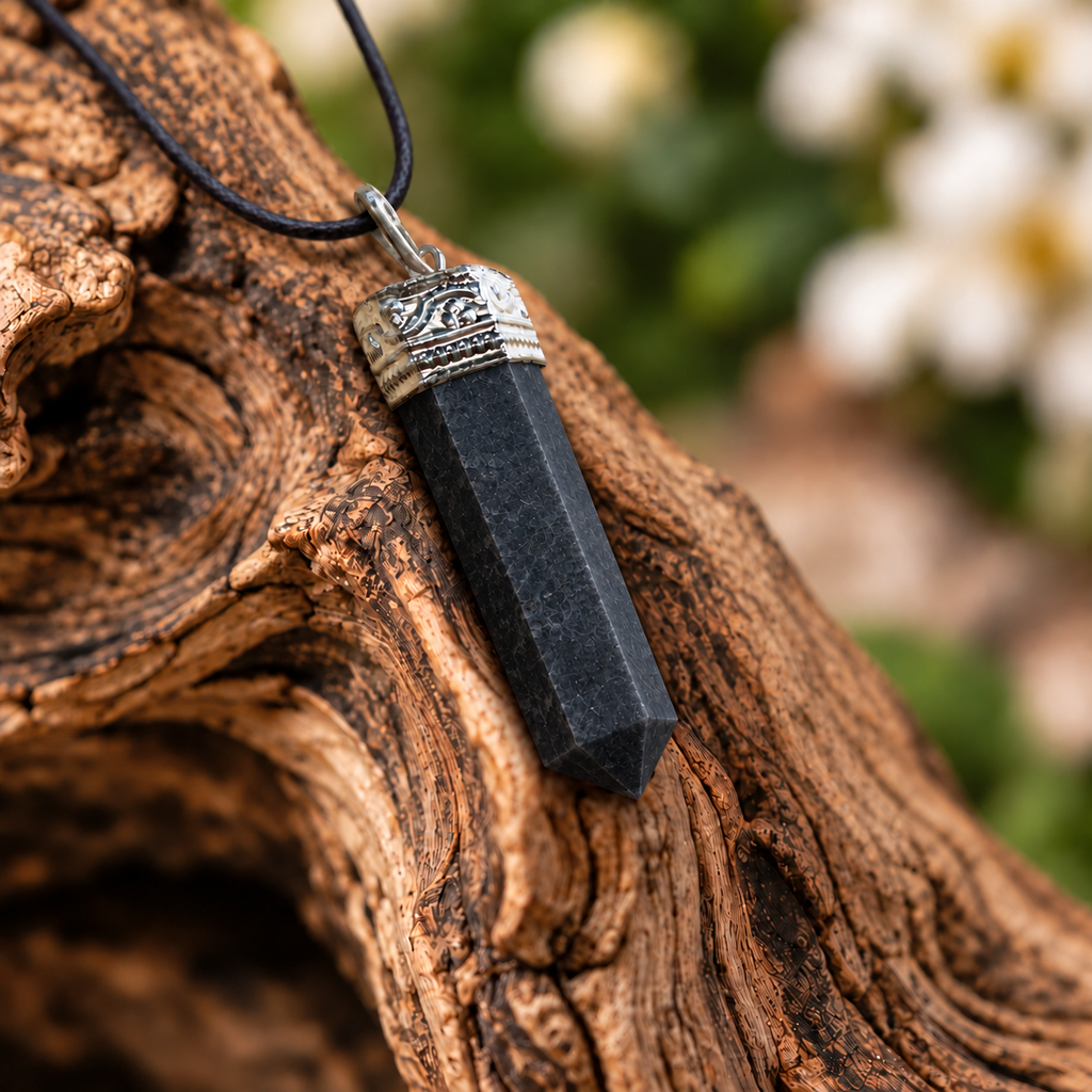 Black Tourmaline pencil pendant — detail close-up