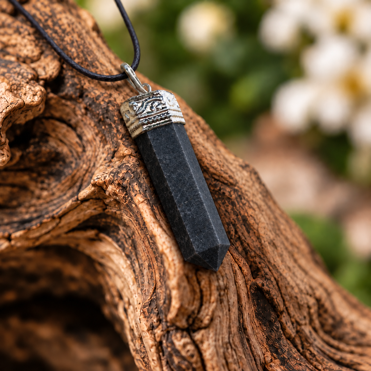 Black Tourmaline pencil pendant — detail close-up