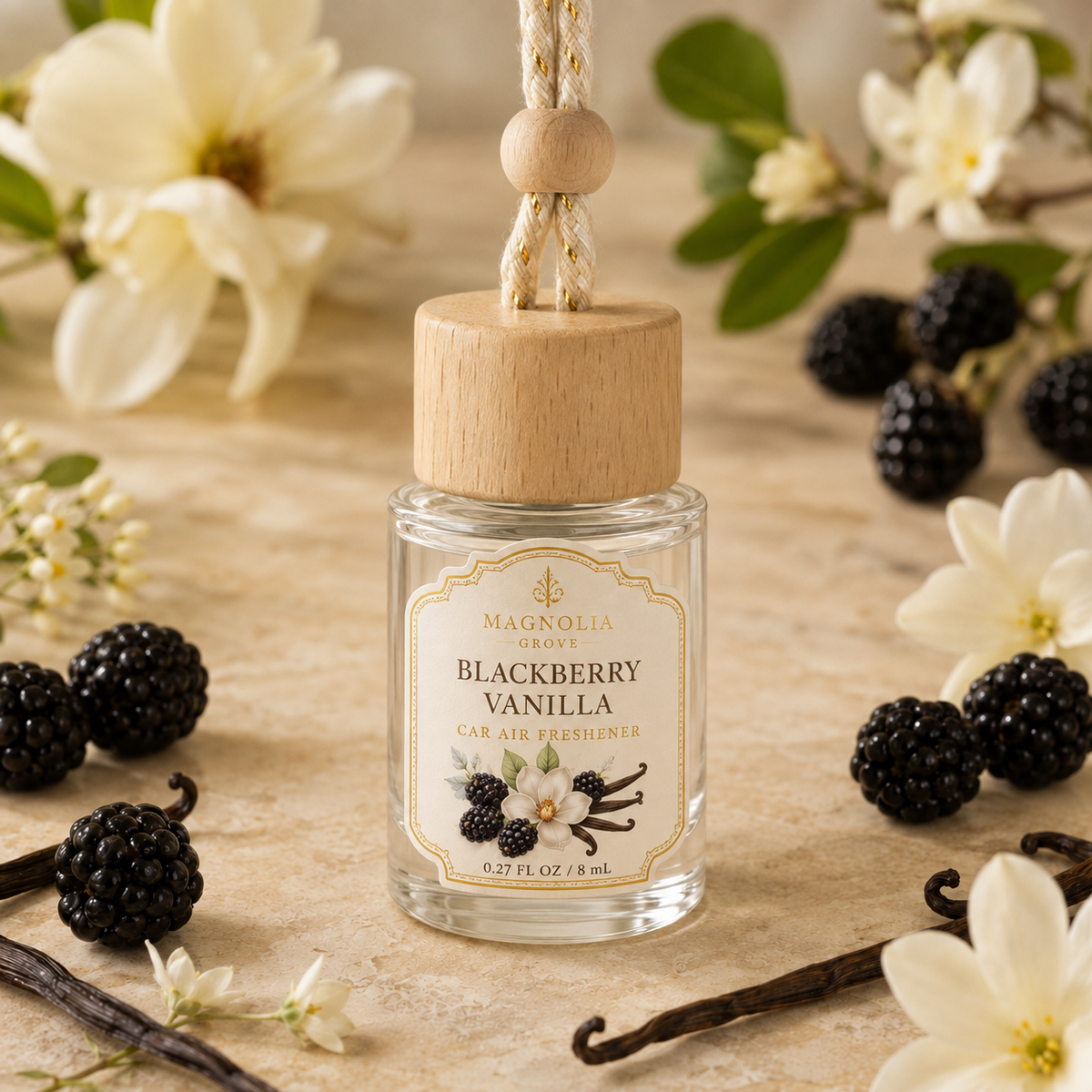 Blackberry Vanilla Car Air Freshener — 8 mL glass bottle with wood cap
