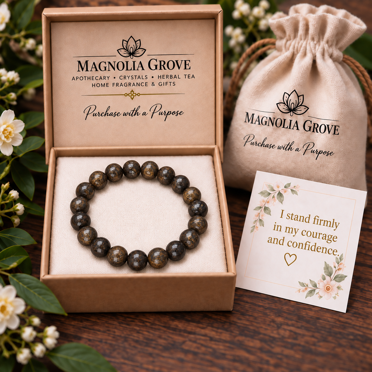 Bronzite 8mm stretch bracelet gift with affirmation: I stand firmly in my courage and confidence.