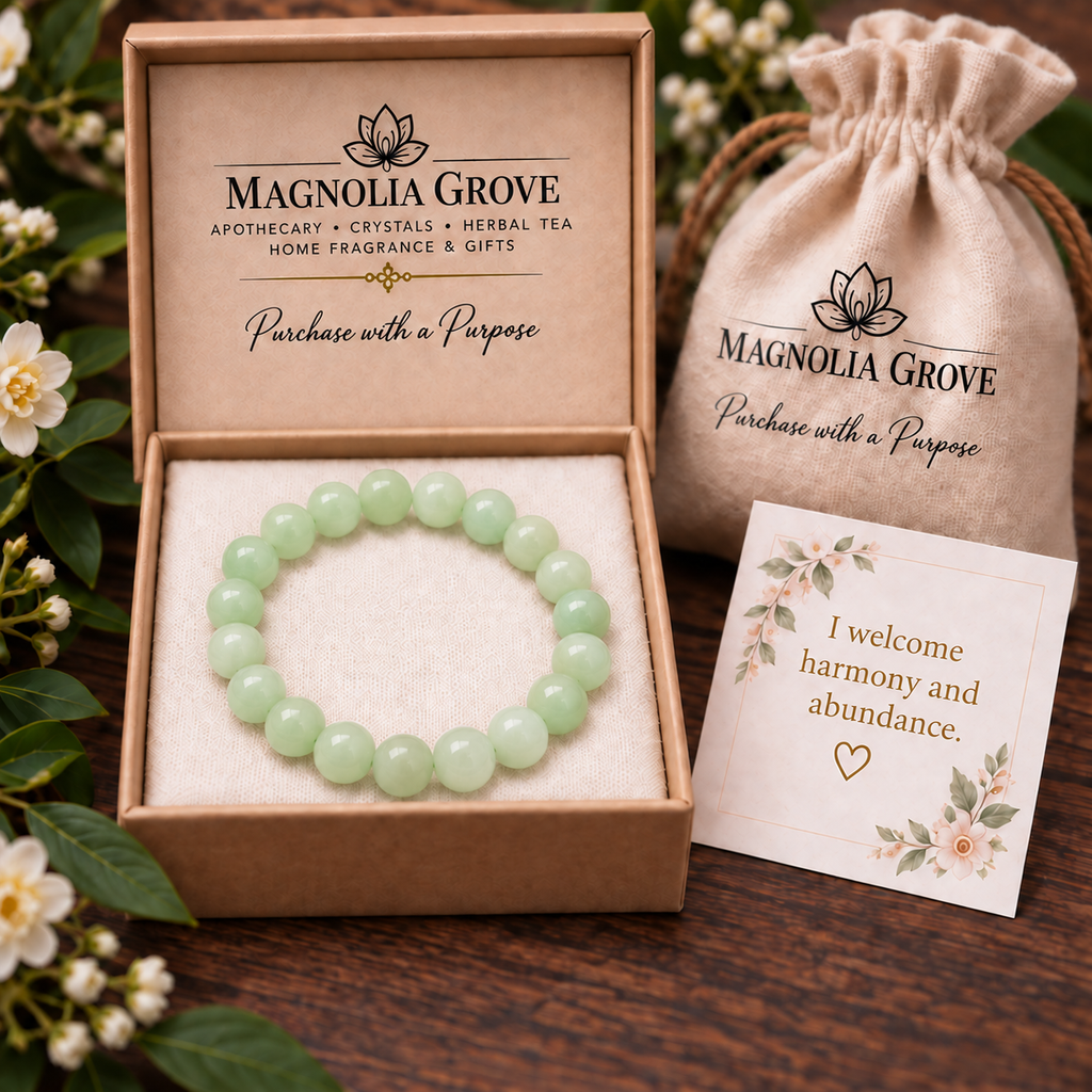 burmese jade bracelet in Magnolia Grove gift packaging with affirmation: I welcome harmony and abundance.