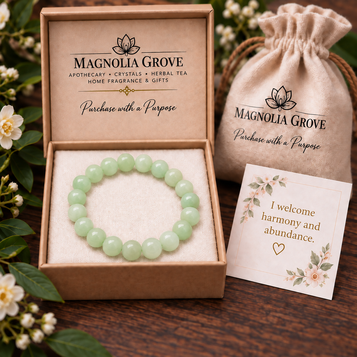 burmese jade bracelet in Magnolia Grove gift packaging with affirmation: I welcome harmony and abundance.