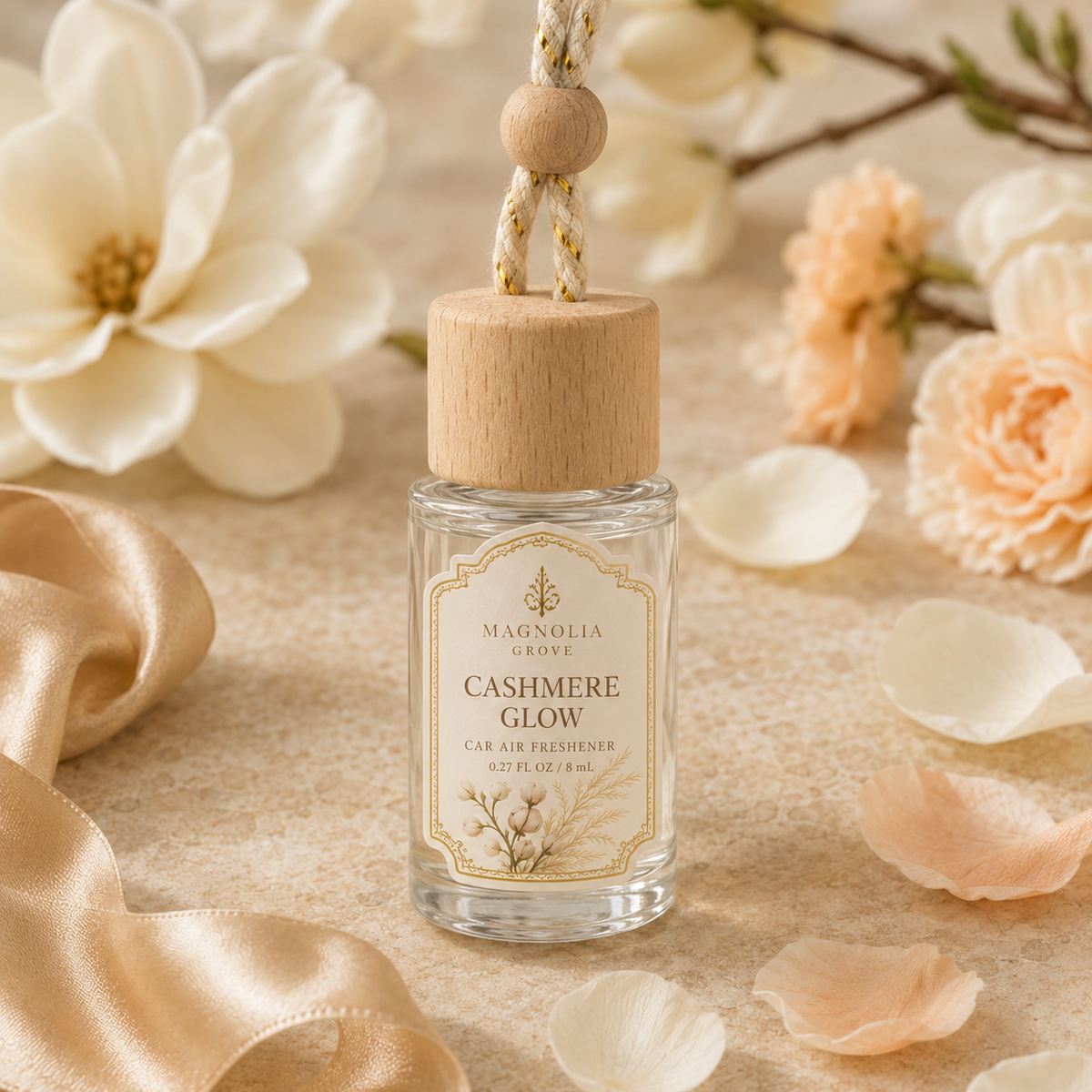 Cashmere Glow Car Air Freshener — 8 mL glass bottle with wood cap