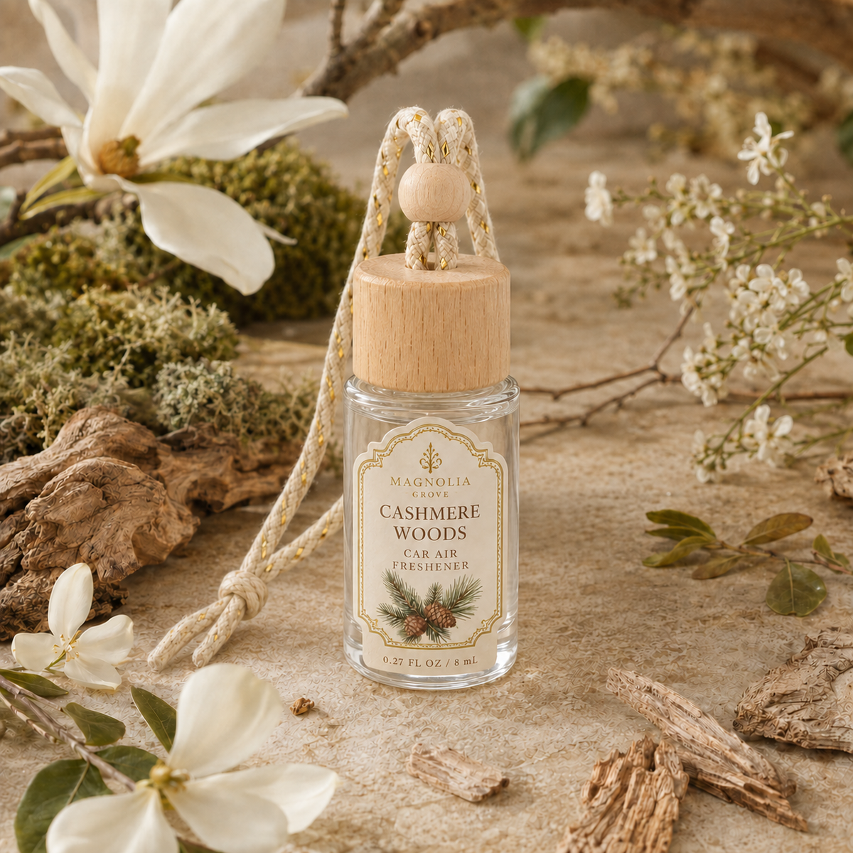 Cashmere Woods Car Air Freshener — 8 mL glass bottle with wood cap