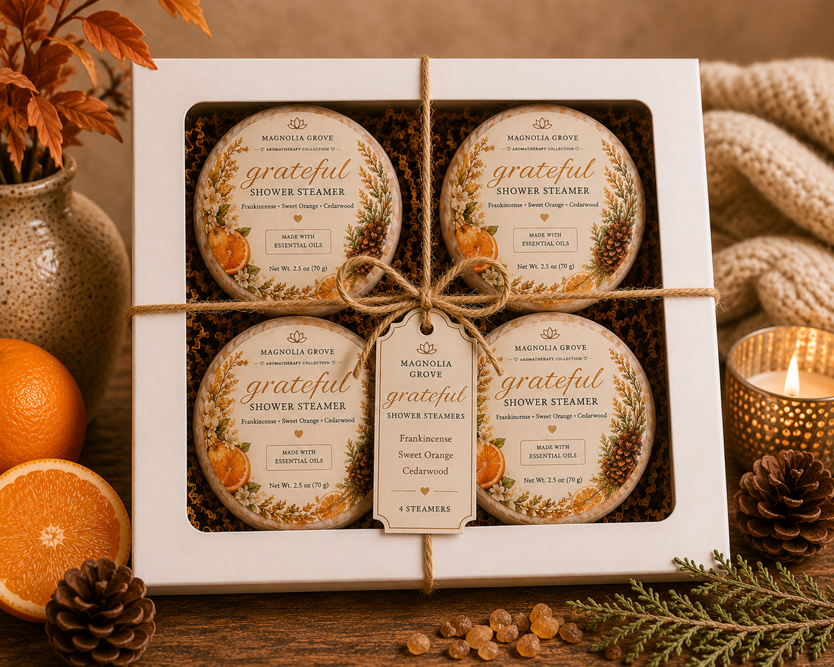 Grateful Shower Steamer package with sweet orange, frankincense and cedarwood fragrance