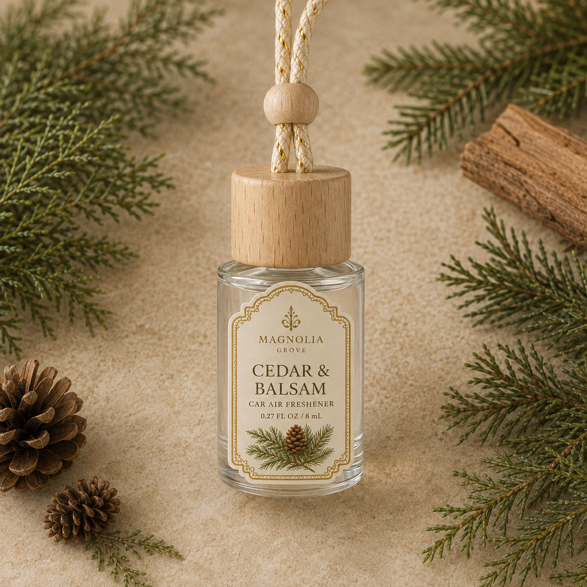 Cedar & Balsam Car Air Freshener — 8 mL glass bottle with wood cap