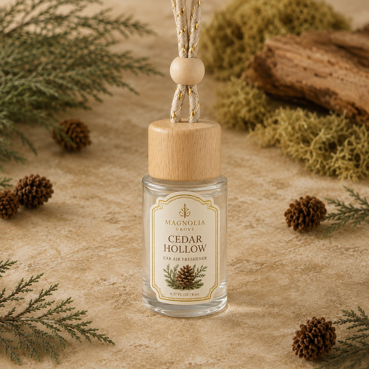 Cedar Hollow Car Air Freshener — 8 mL glass bottle with wood cap
