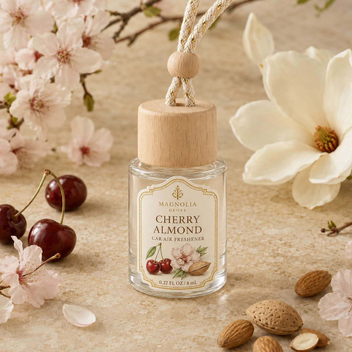 Cherry Almond Car Air Freshener — 8 mL glass bottle with wood cap