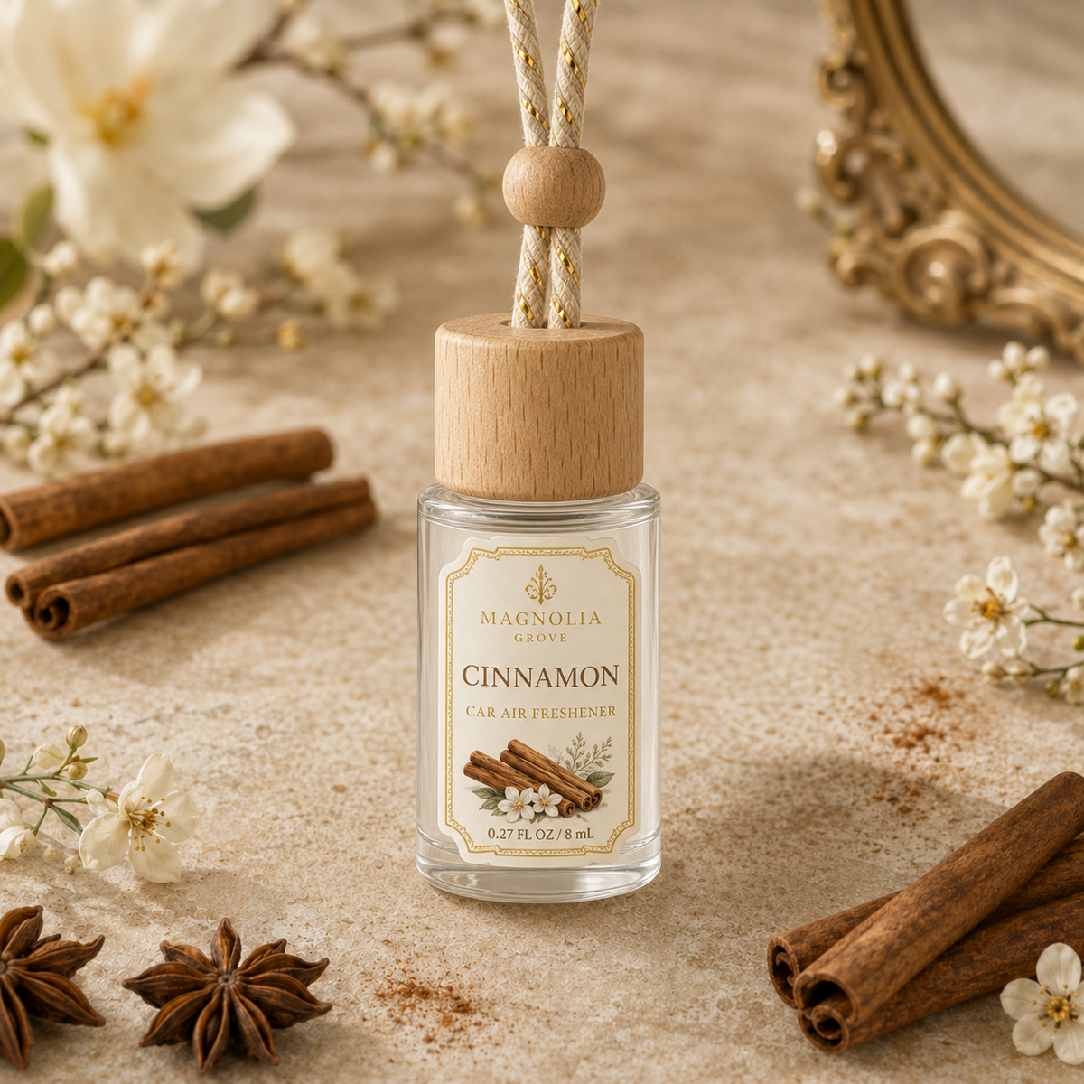 Cinnamon Car Air Freshener — 8 mL glass bottle with wood cap