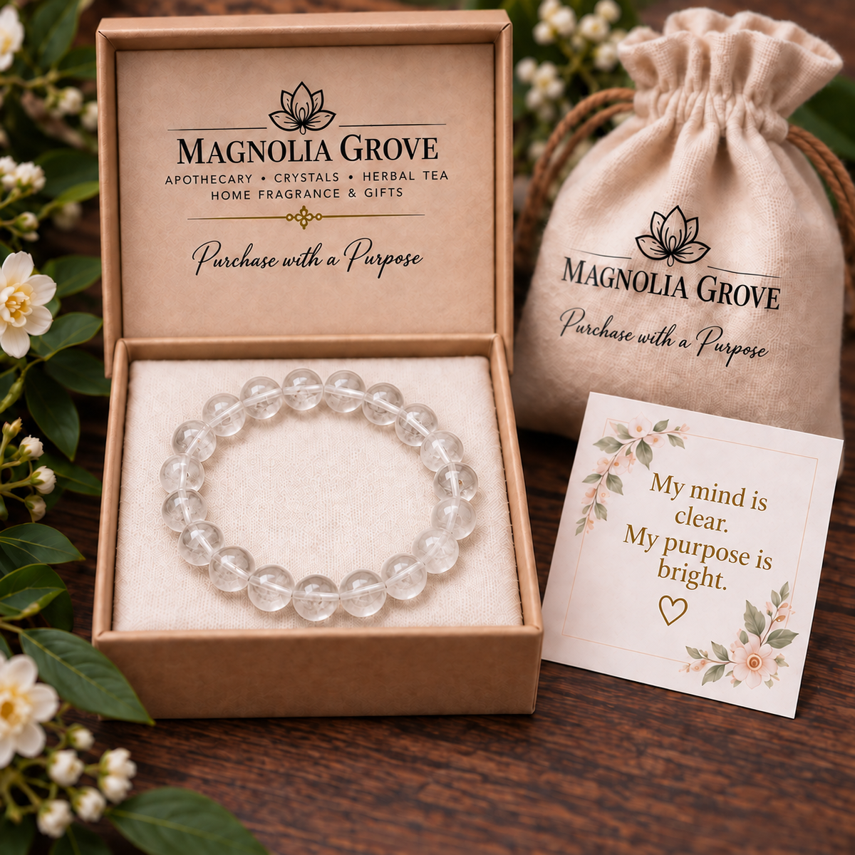 clear quartz bracelet in Magnolia Grove gift packaging with affirmation: My mind is clear. My purpose is bright.