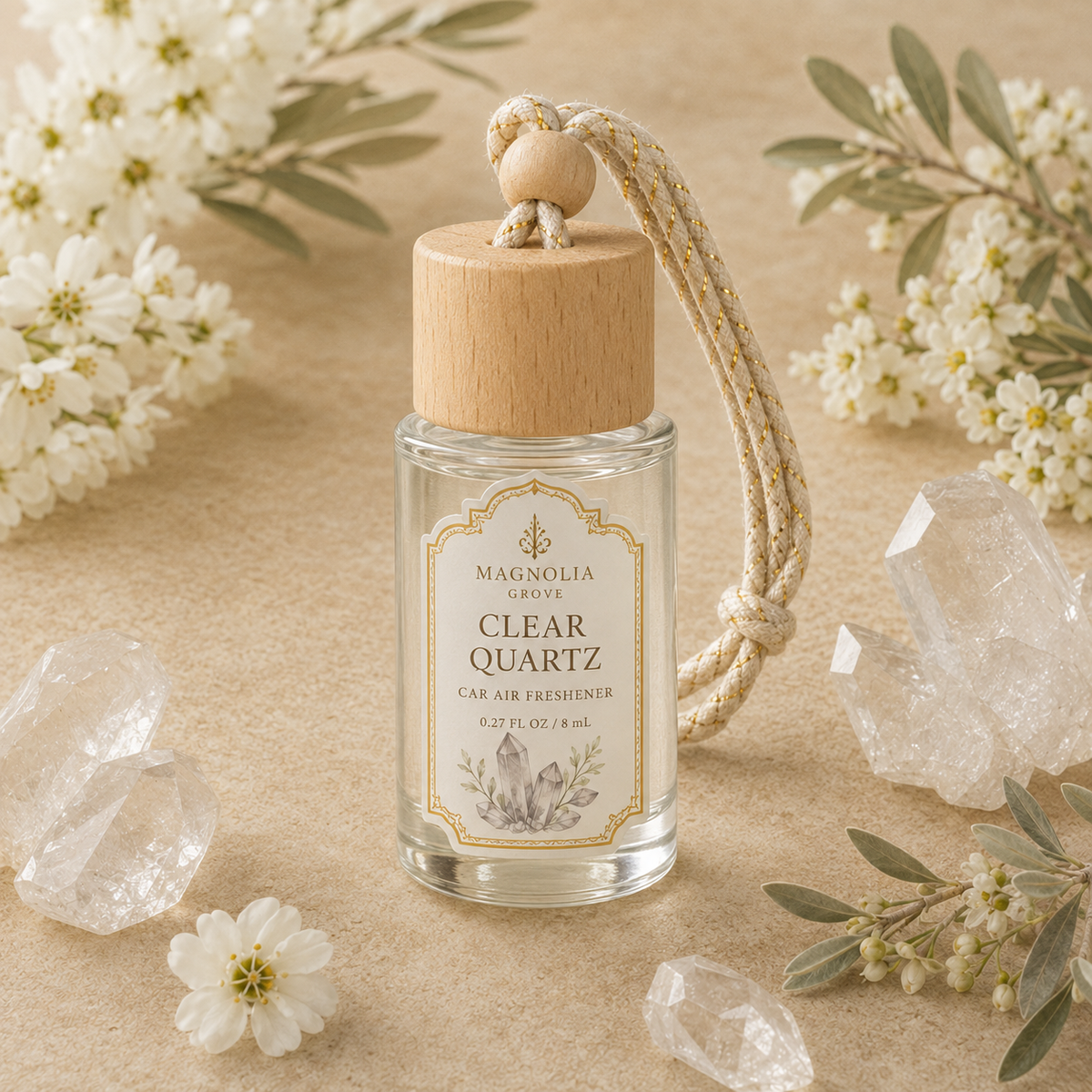 Clear Quartz Car Air Freshener — 8 mL glass bottle with wood cap