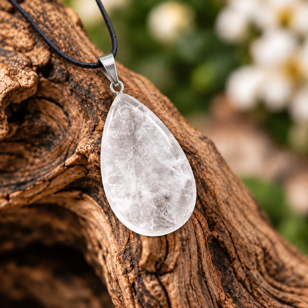 Clear Quartz drop pendant — closeup