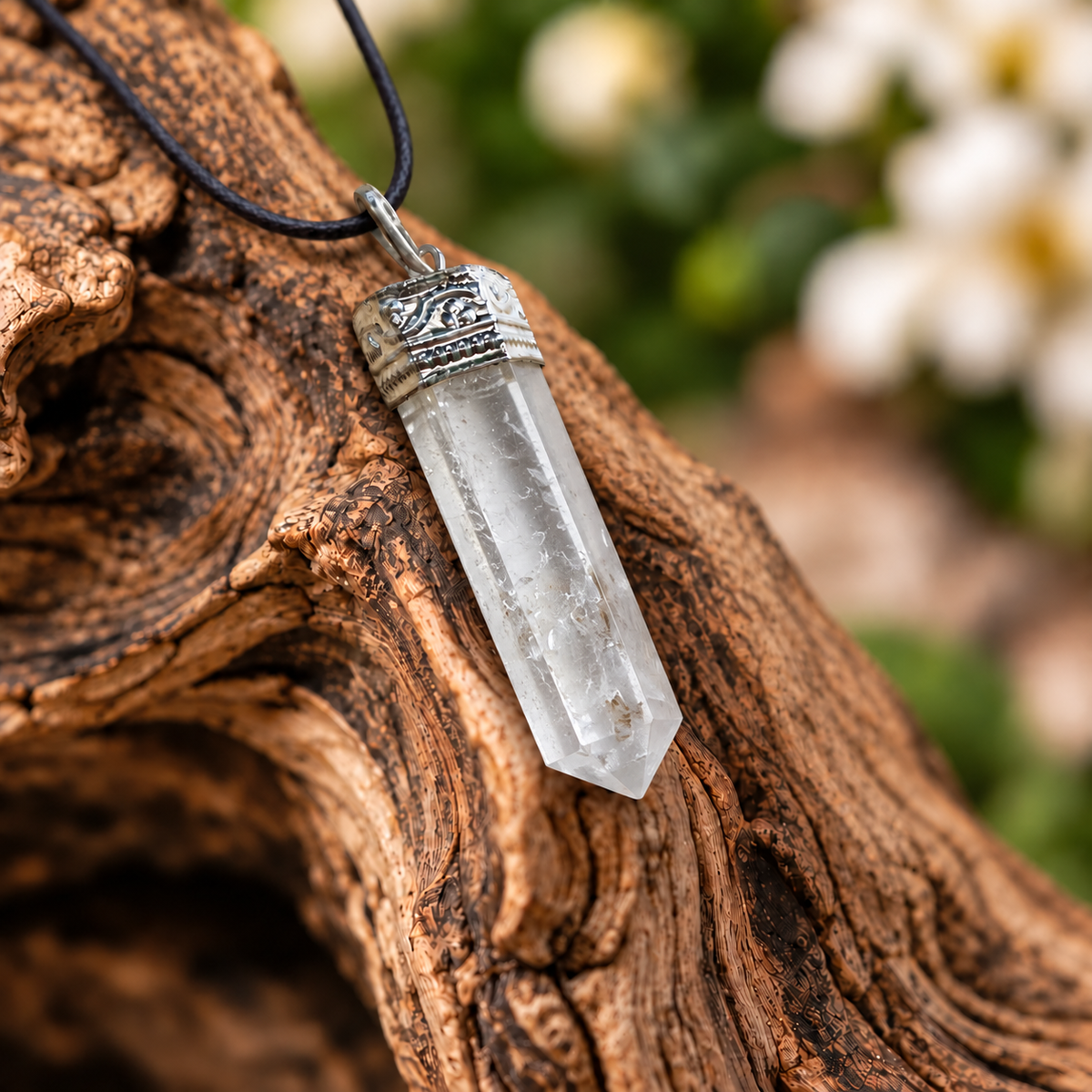 Clear Quartz pencil pendant — detail close-up
