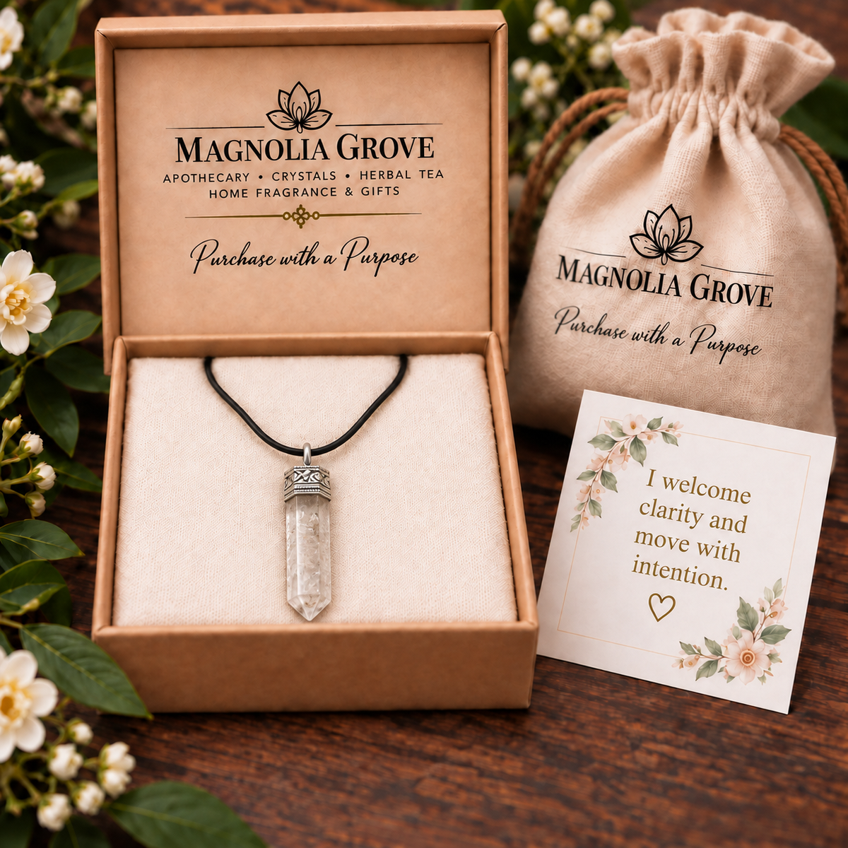Clear Quartz pencil pendant — gift presentation