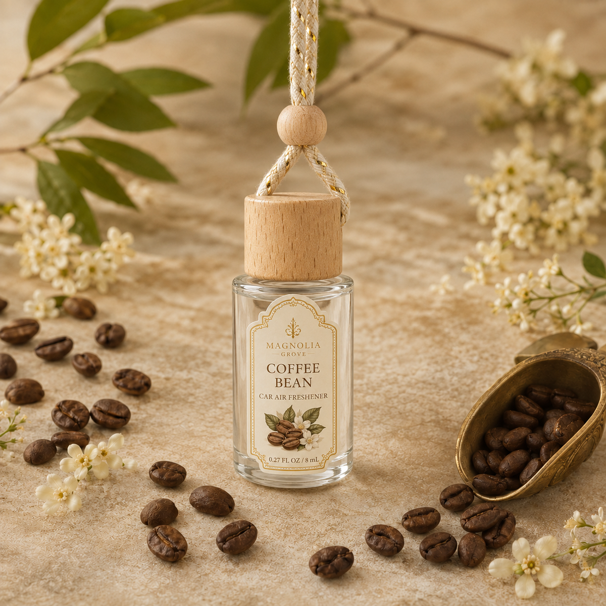 Coffee Bean Car Air Freshener — 8 mL glass bottle with wood cap