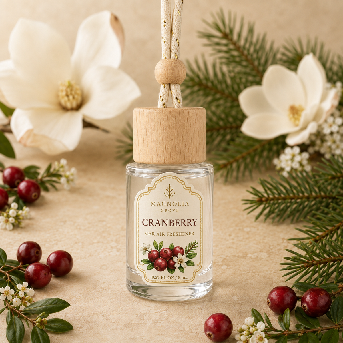Cranberry Car Air Freshener — 8 mL glass bottle with wood cap