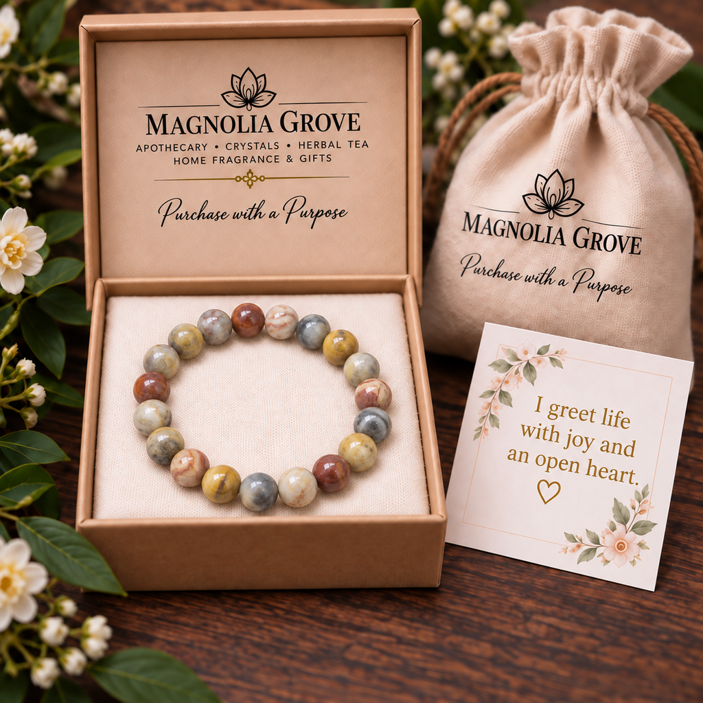 Crazy Lace Agate 8mm stretch bracelet gift with affirmation: I greet life with joy and an open heart.