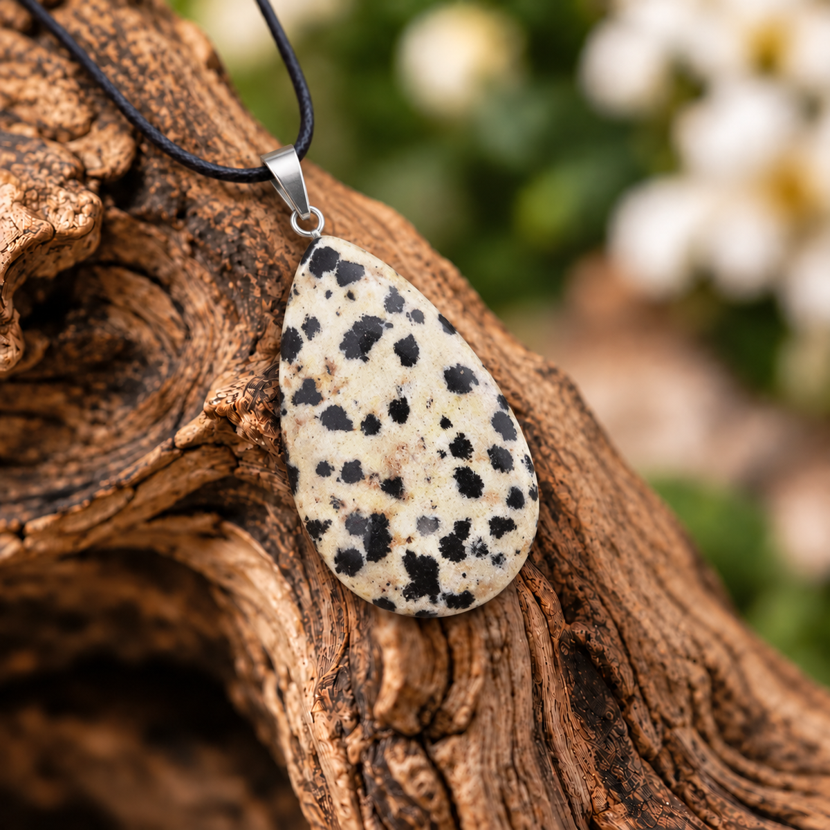 Dalmatian Jasper drop pendant — closeup