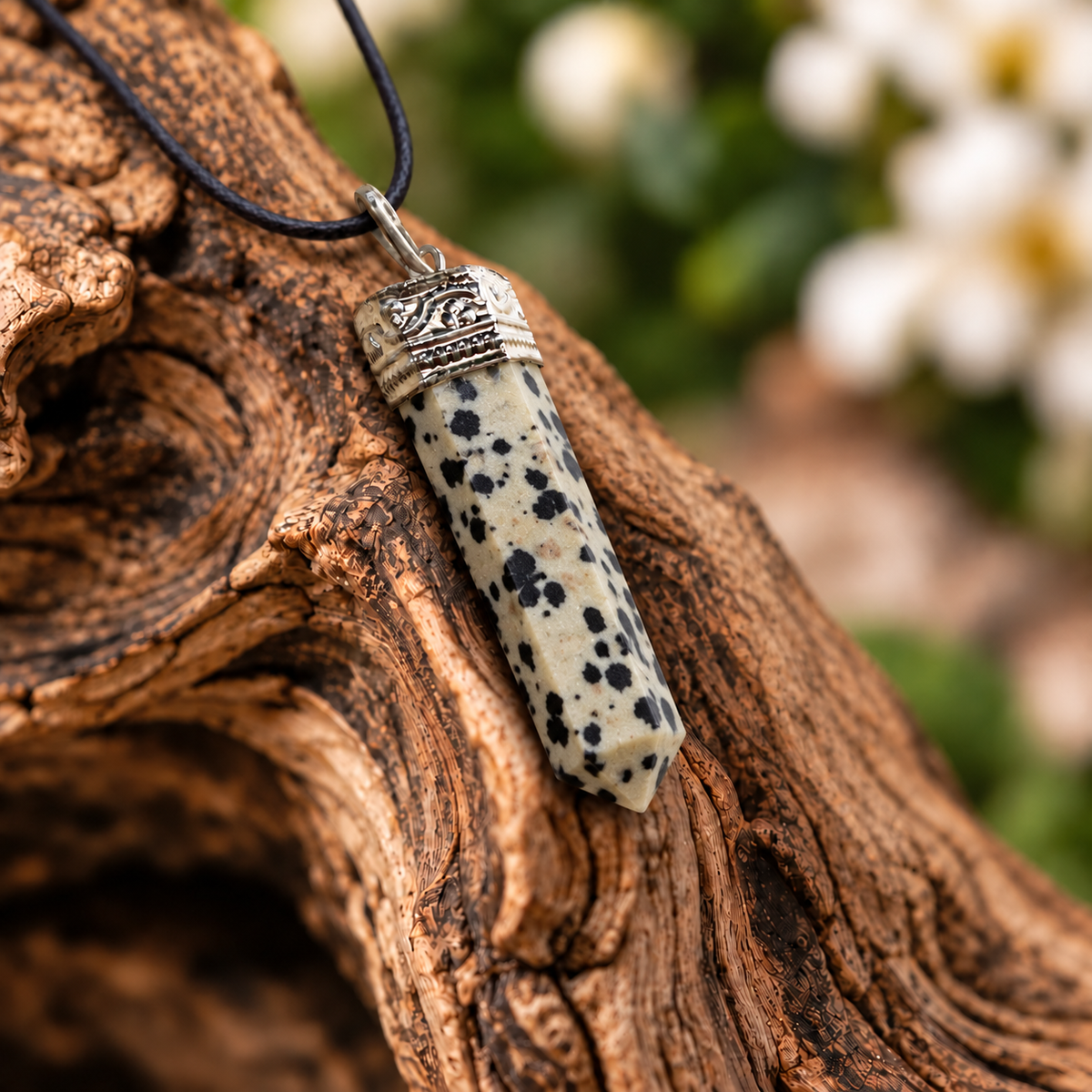 Dalmatian Jasper pencil pendant — detail close-up