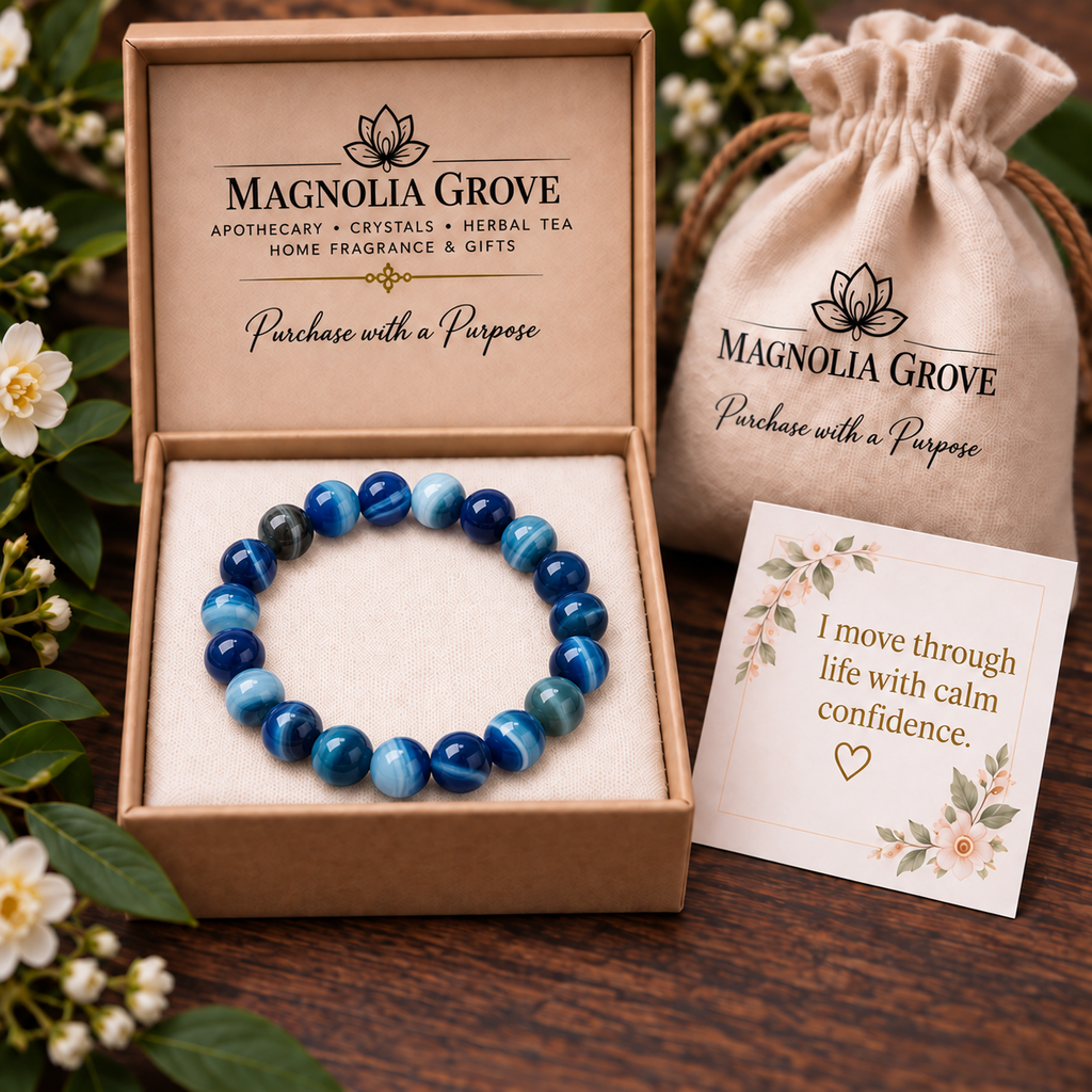 Dyed Blue Agate 8mm stretch bracelet gift with affirmation: I move through life with calm confidence.