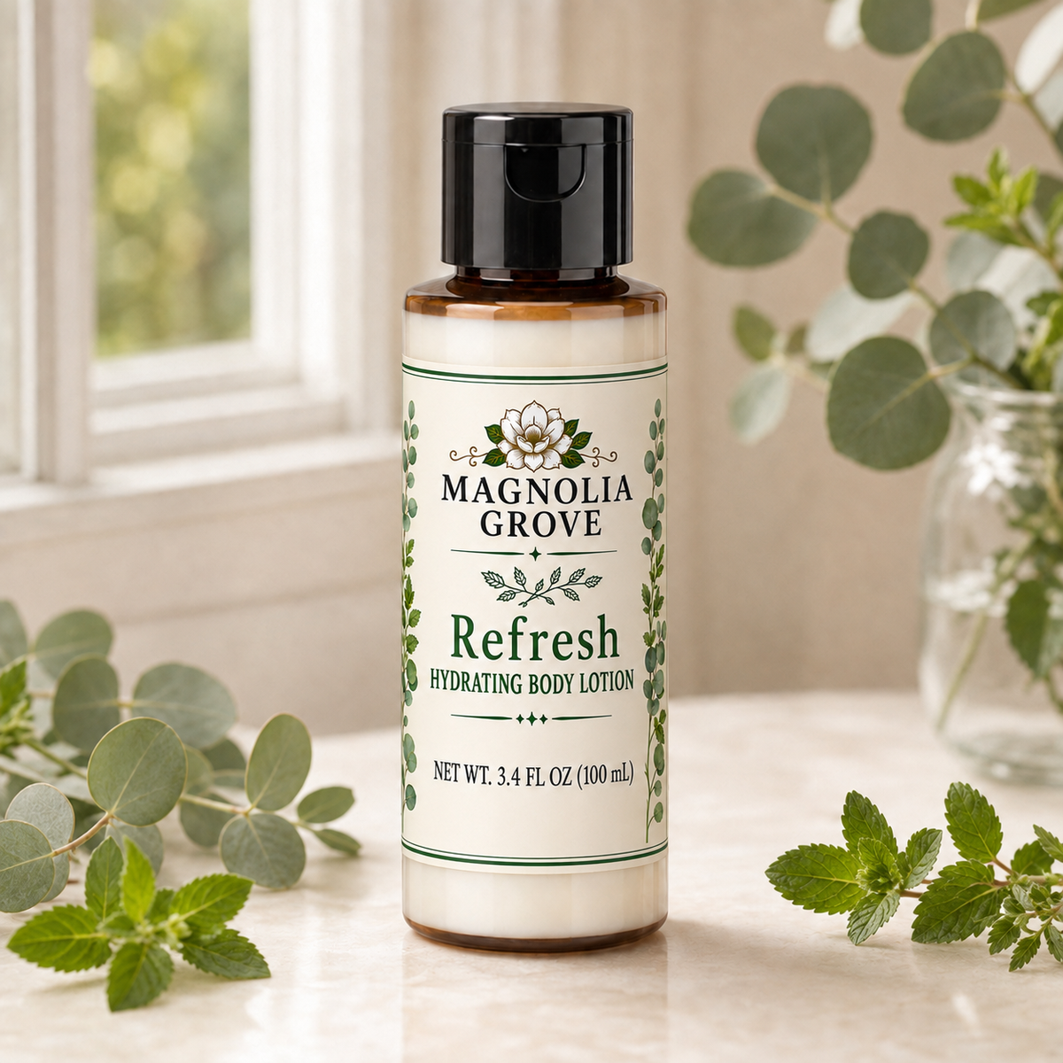 Refresh Hydrating Body Lotion bottle, 3.4 fl oz, styled with fresh green botanicals