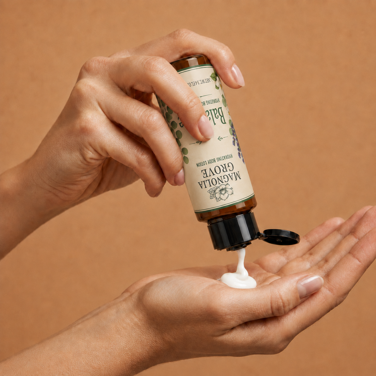 Hands dispensing Balance Hydrating Body Lotion from the bottle