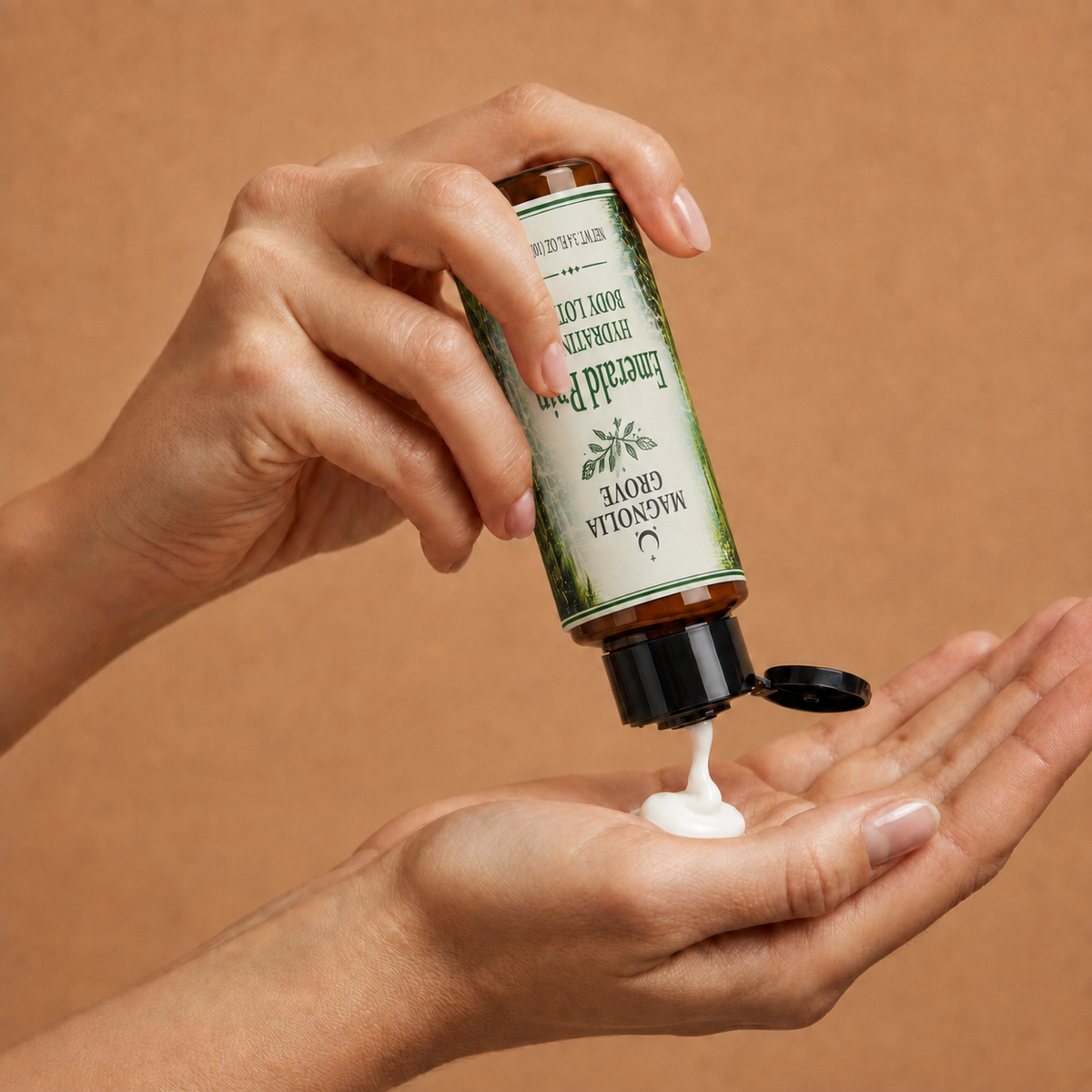 Hands dispensing Emerald Rain Hydrating Body Lotion from the bottle