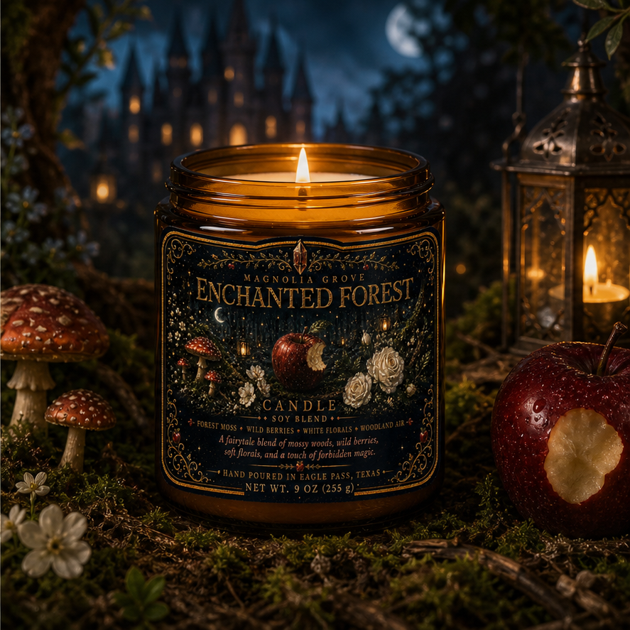 Enchanted Forest candle in an enchanted woodland setting