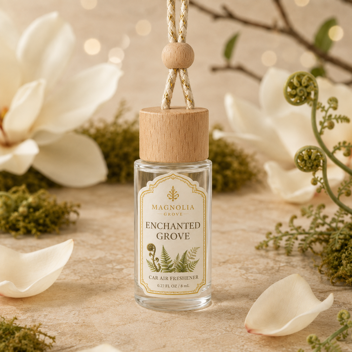 Enchanted Grove Car Air Freshener — 8 mL glass bottle with wood cap
