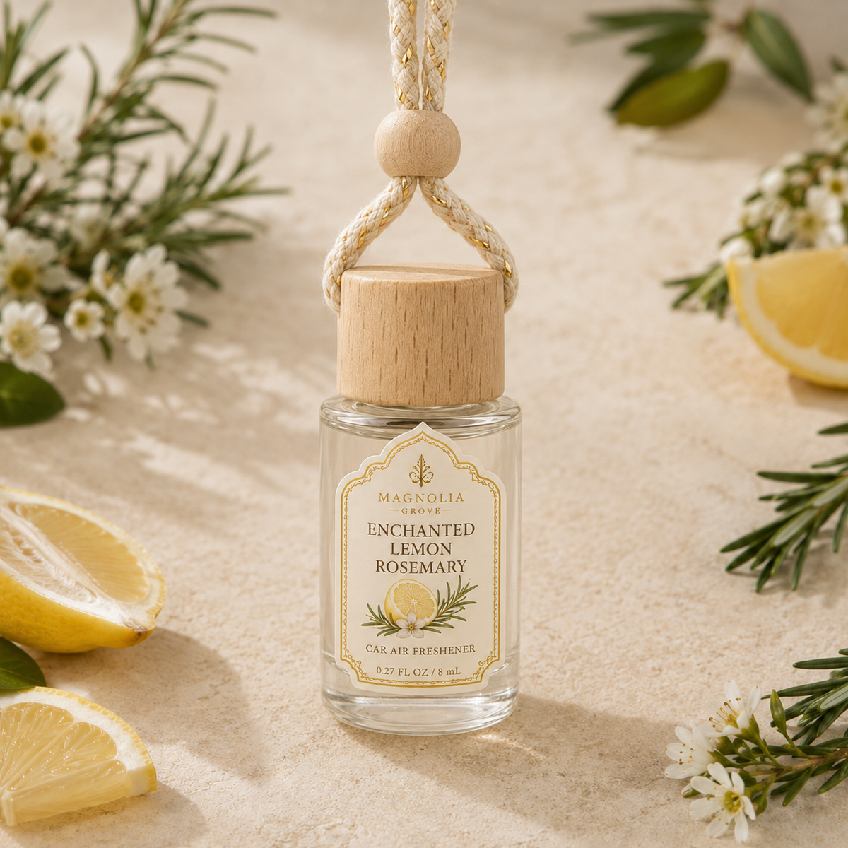 Enchanted Lemon Rosemary Car Air Freshener — 8 mL glass bottle with wood cap