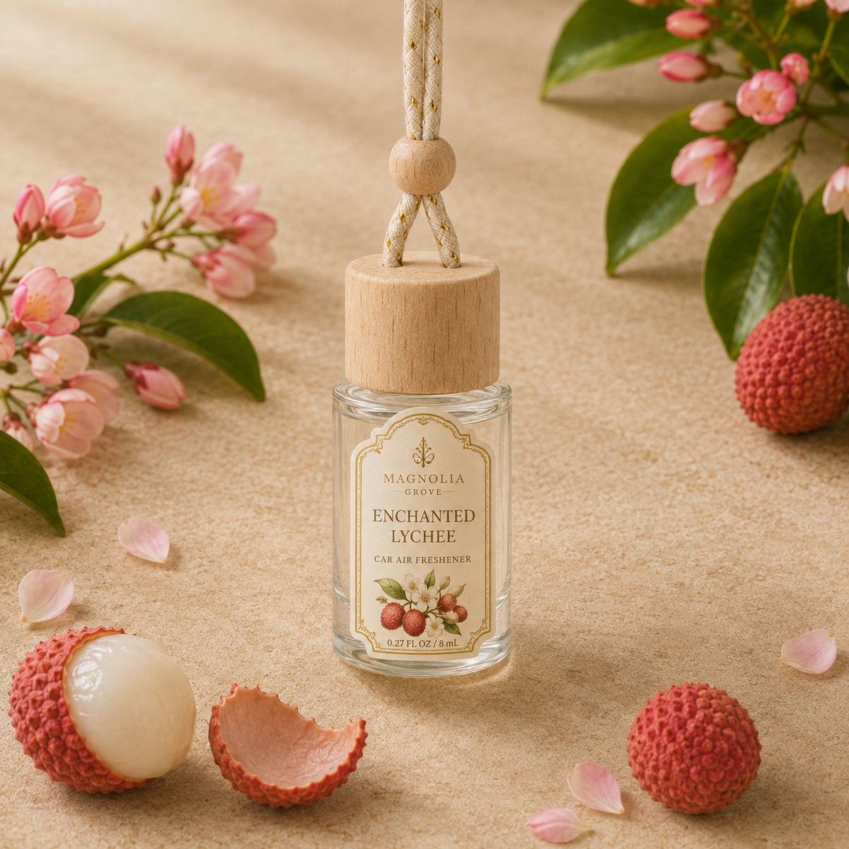 Enchanted Lychee Car Air Freshener — 8 mL glass bottle with wood cap