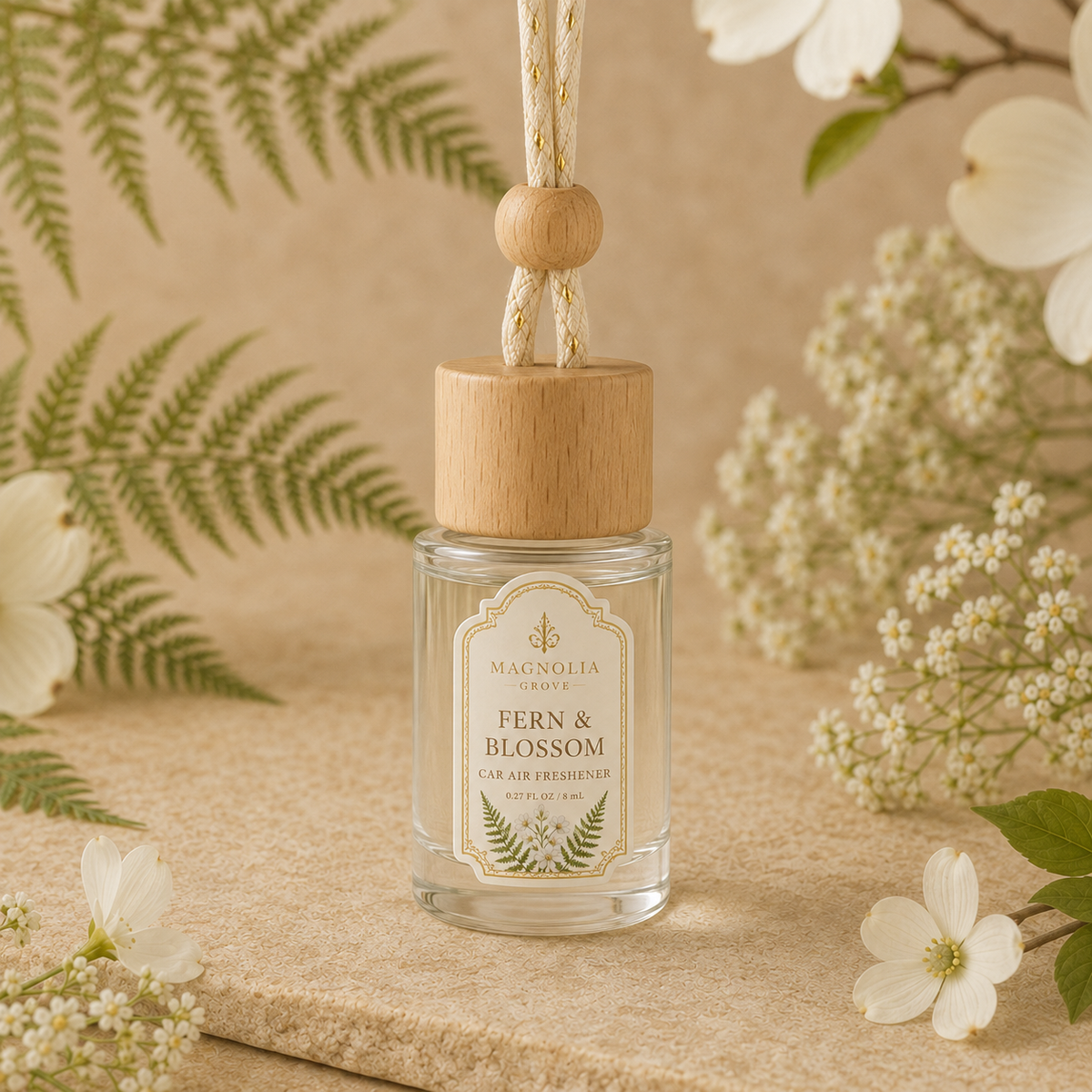 Fern & Blossom Car Air Freshener — 8 mL glass bottle with wood cap