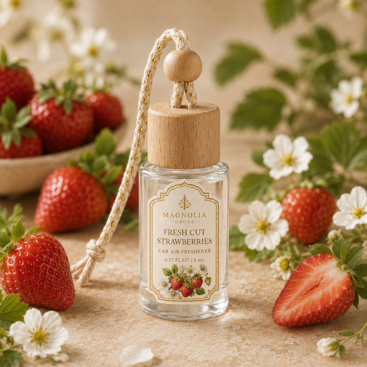 Fresh Cut Strawberries Car Air Freshener — 8 mL glass bottle with wood cap