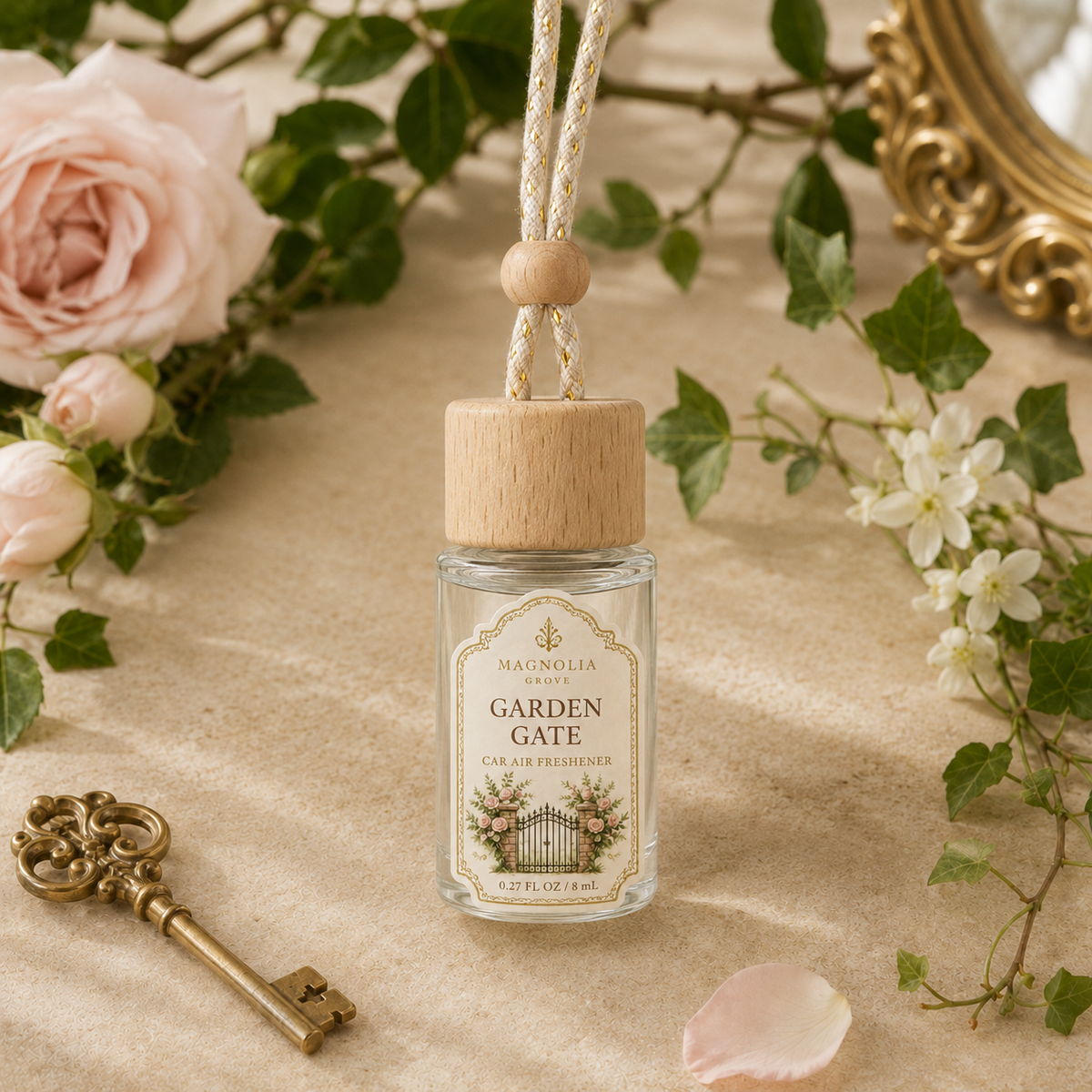 Garden Gate Car Air Freshener — 8 mL glass bottle with wood cap