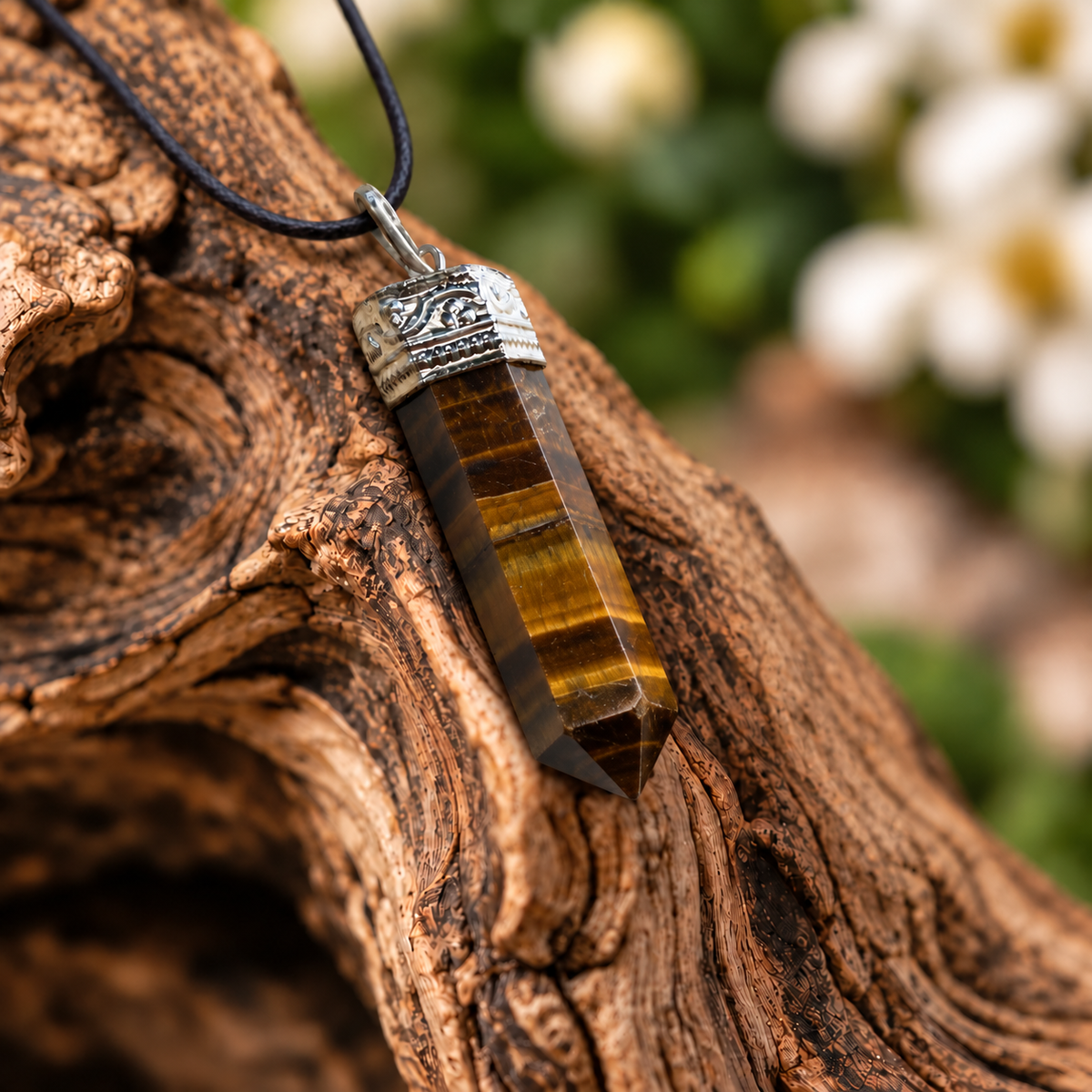 Gold Tiger Eye pencil pendant — detail close-up