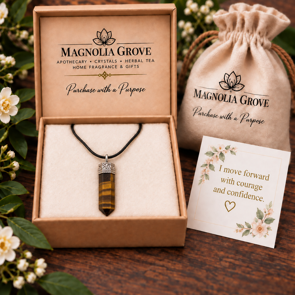Gold Tiger Eye pencil pendant — gift presentation