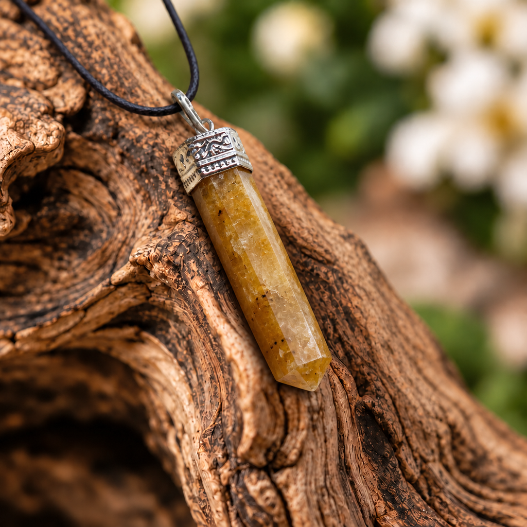 Golden Healer pencil pendant — detail close-up