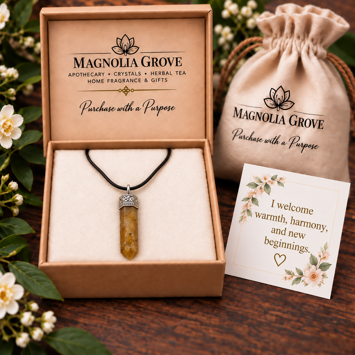 Golden Healer pencil pendant — gift presentation