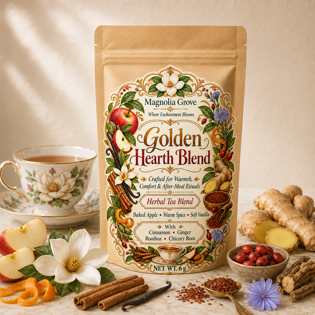Golden Hearth Blend herbal tea in Magnolia Grove kraft pouch
