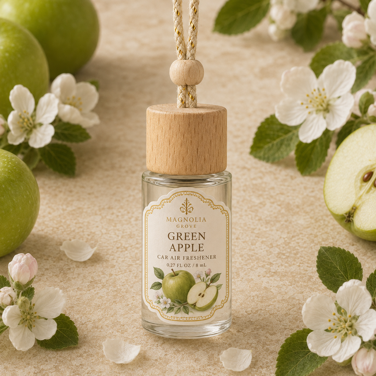 Green Apple Car Air Freshener — 8 mL glass bottle with wood cap