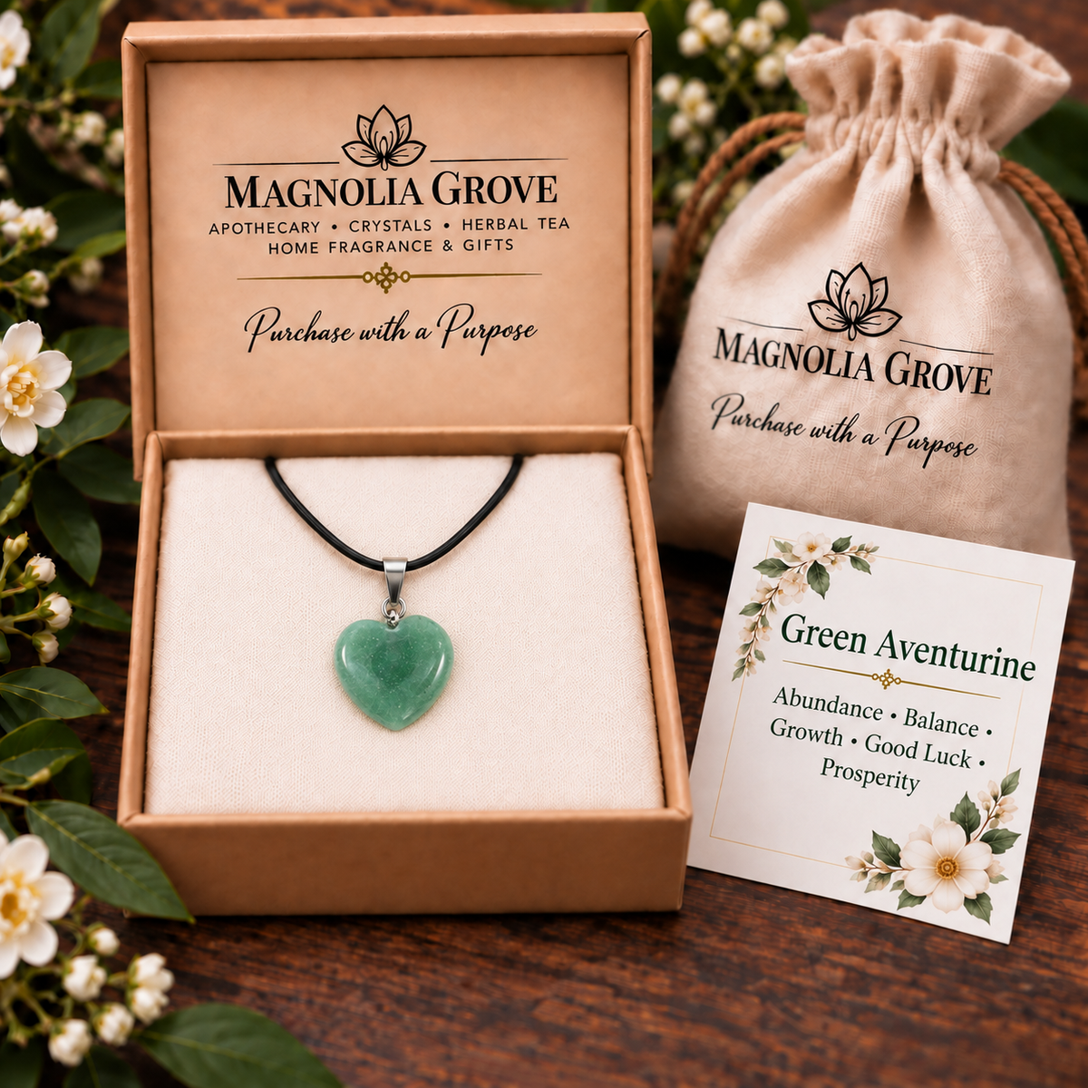 Green Aventurine Heart Pendant — Gift-box scene